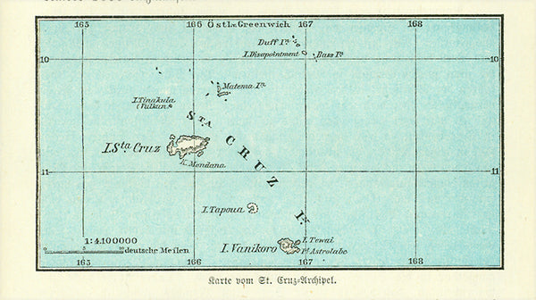 3 separate pages of wood engraving maps of islands groups in the South Pacific.  Each map is on a page of text about the islands that continues on the reverse side.  Size of each map ca 6 x 11 cm ( 2.3 x 4.3 ")  Published 1885.