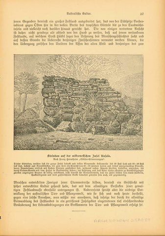 "Steinbau auf der micronesischen Insel Kusaie" (Kosrae Island)  Stone building and surrounding stone ruins on the island that was probably settled ca 1000 BC. Kosre was a German colony from 1898 until WW1 when it was occupied by the Japanese. Published ca. 1900.  Original antique print 