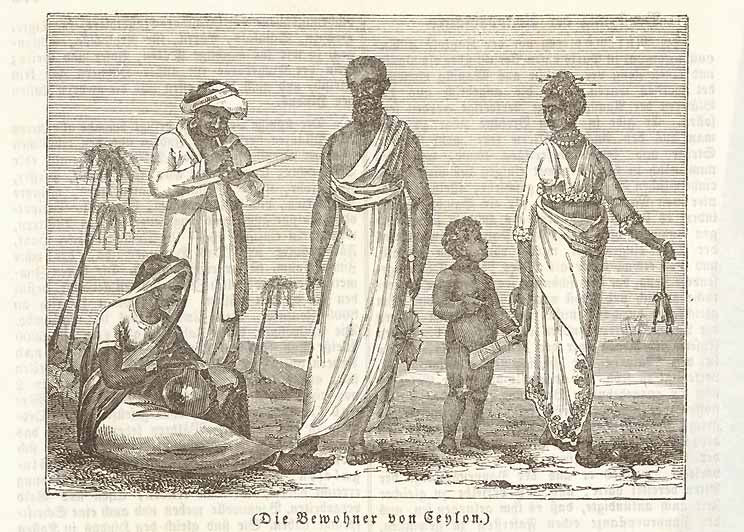 "(Die Bewohner von Ceylon)"     The inhabitants of Ceylon.  Wood engraving on a page of text ( in German ) that continues on the reverse side.  Published ca 1840.  Original antique print , interior design, wall decoration, ideas, idea, gift ideas, present, vintage, charming, special, decoration, home interior, living room design