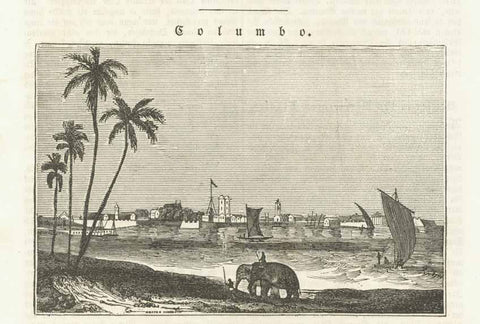 "Columbo" (Colombo)  Wood engraving on a page of text about Sri Lanka ( Ceylon ) and its capital, Colombo.   The text on the reverse side is unrelated. Published 1838.  Fine print of Colombo.  Original antique print , interior design, wall decoration, ideas, idea, gift ideas, present, vintage, charming, special, decoration, home interior, living room design