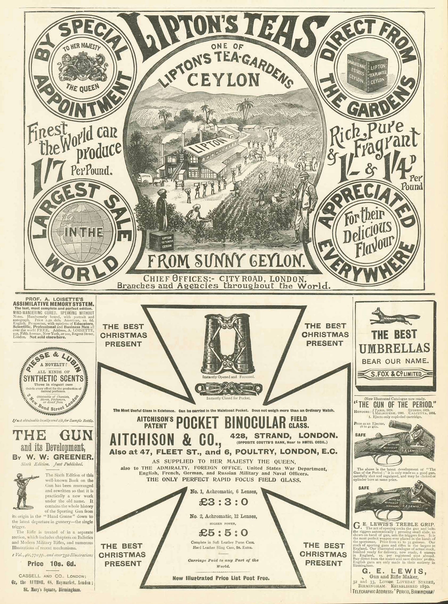19th century advertising, Ceylon Tea - Srilanka Tea. - "Lipton's Teas. One of Lipton's Tea Gardens Ceylon".  Wood engraving. Lipton's Tea advertisement.  Published in London, dated 1896  One half page advertisement on the full page of the magazine together with other advertisements.  Original antique print 