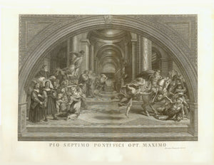 "Pio Septimo Pontifici Opt. Maximo"  The Expulsion of Heliodorus from the Temple - Wall Fresco in "Stanza di Eliodoro" by Raffaello Sanzio  Copper etching by Guiseppe Mocchetti.  Rome, 1816  Heliodor was sent to Jerusalem to collect tribute payments. When there was nothing to get he entered the Temple in Jerusalem in order to take the Temple Treasures. The scene shows him being expelled from the Temple.  Raffaello Sanzio da Urbino (1483-1520) was commissioned by Pope Leo X  to paint the Apostolic Palace (th