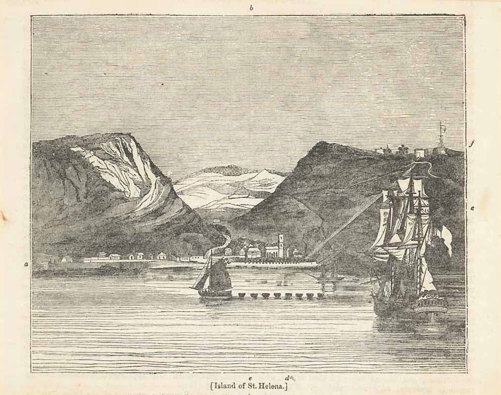 "Island of St. Helena"  Wood engraving published 1836. The image is on a page of text about St. Helena's history and early exploration of the island. The text continues on the reverse side of the page and onto a second page.