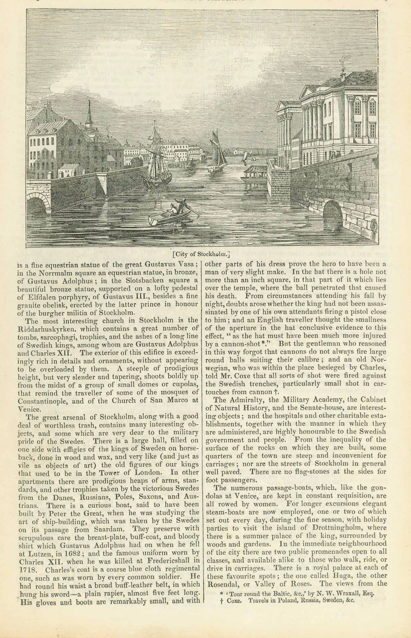 "City of Stockholm"  Wood engraving on a page of text about Stockholm that continues on a second page. Published 1836.  Original antique print  