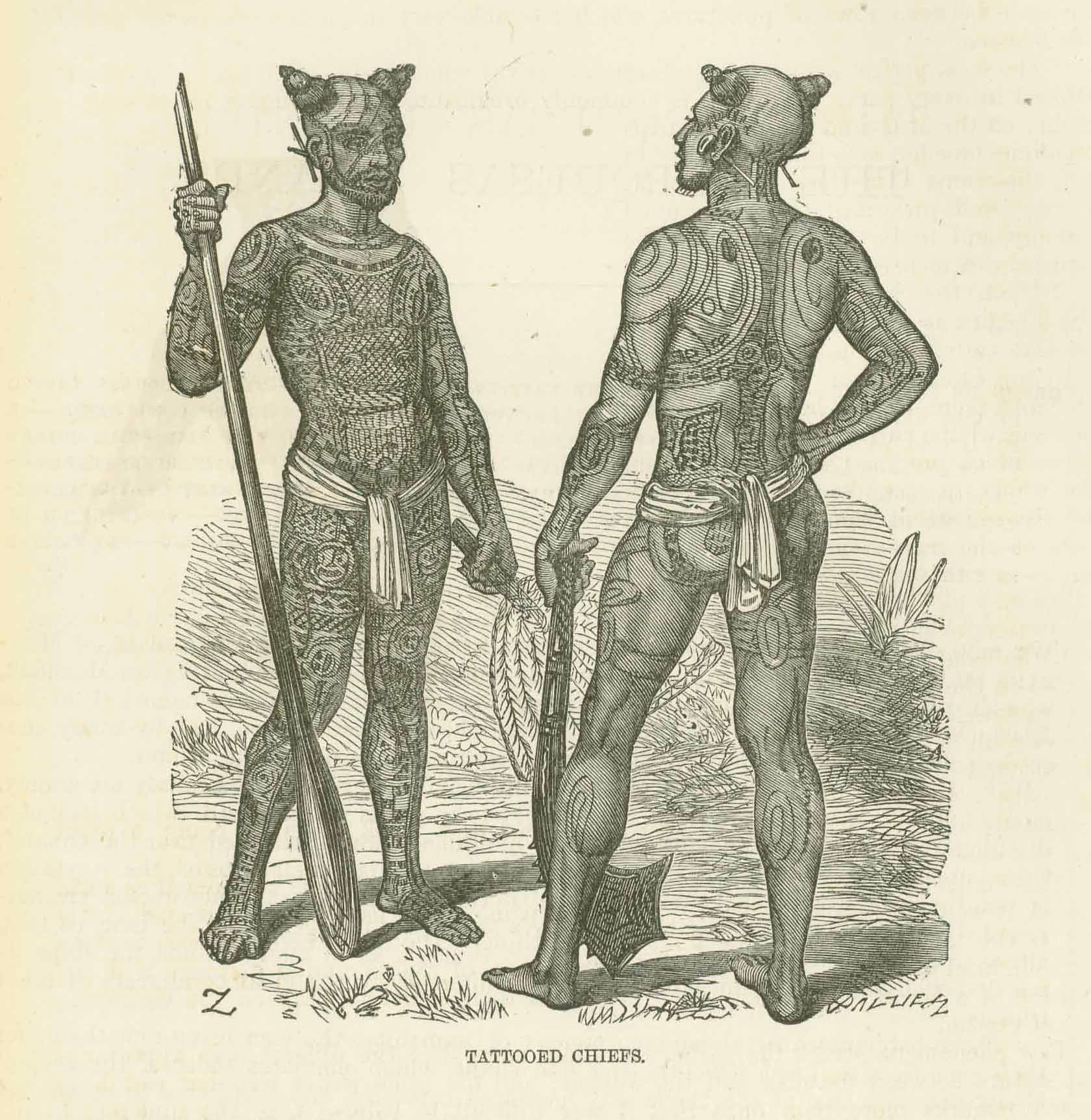 "Tatooed Chiefs" (Marquesas Islands)  Tatoo  Wood engraving Published 1870.  Original antique print 