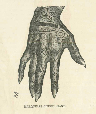 "Marquesas Chief's Hand"  Tattoo  Wood engraving Published 1870.  Original antique print  