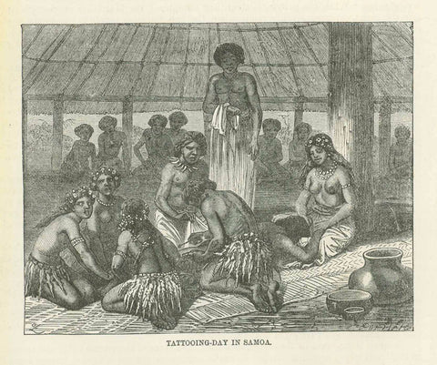 "Tattooing Day in Samoa"  Wood engraving Published 1870.  Original antique print  