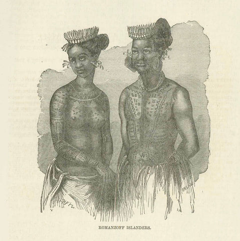 "Romanoff Islanders" (Kiribati Gilbert Islands)  Tattoo  Wood engraving Published 1870.  Original antique print  