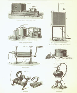 "Elektrische Heizvorrichtungen" ( electric heaters)  Wood engraving published 1897. On the reverse side is an article about moors and peat harvest.