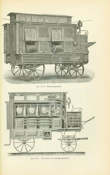 "Lokomobile fuer fahrbare elektrische Beleuchtungsanlage" (Locomobile for mobile lighting systems)  "Beleuchtungswagen" (mobile lighting system)  "Leuchtmast fuer transportable Beleuchtungsanlage" (light tripod for transportable lighting system)  3 separate pages showing early inovation for transportable light systems. Published about 1900.