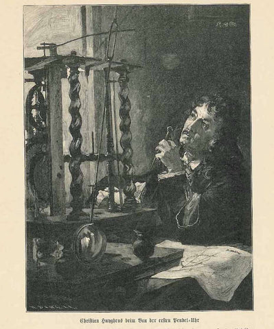 "Christian Huyghens beim Bau der ersten Pendel-Uhr"  Wood engraving published about 1900. (the first pendel clock).  Original antique print , interior design, wall decoration, ideas, idea, gift ideas, present, vintage, charming, special, decoration, home interior, living room design