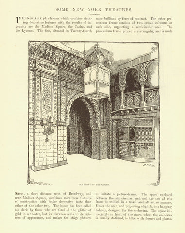 New York, "Some New York Theaters"  Four pages of text and images of theaters in New York City. Published 1895.
