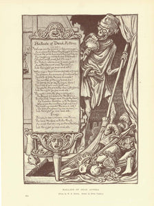 "Ballade of Dead Actors"  A sensitive poem to the dead actors.  Wood engraving after design by Elihu Vedder. Poem by W.E. Henley. Published 1895. On the reverse side is text about the Royal Academy.