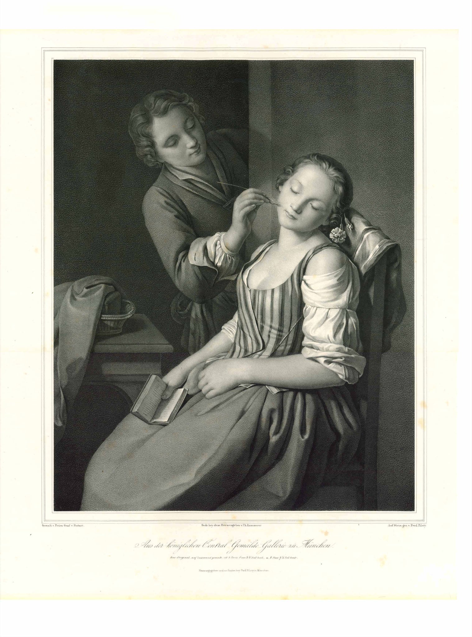 Theater - Make-up Artist - Actress  No title. Theatre actress  Lithograph by Ferdinand Piloty (1786-1844)  After Pietro Count Rotari (1707-1762)  An actress just before her stage entry being made up by a make-up artist.