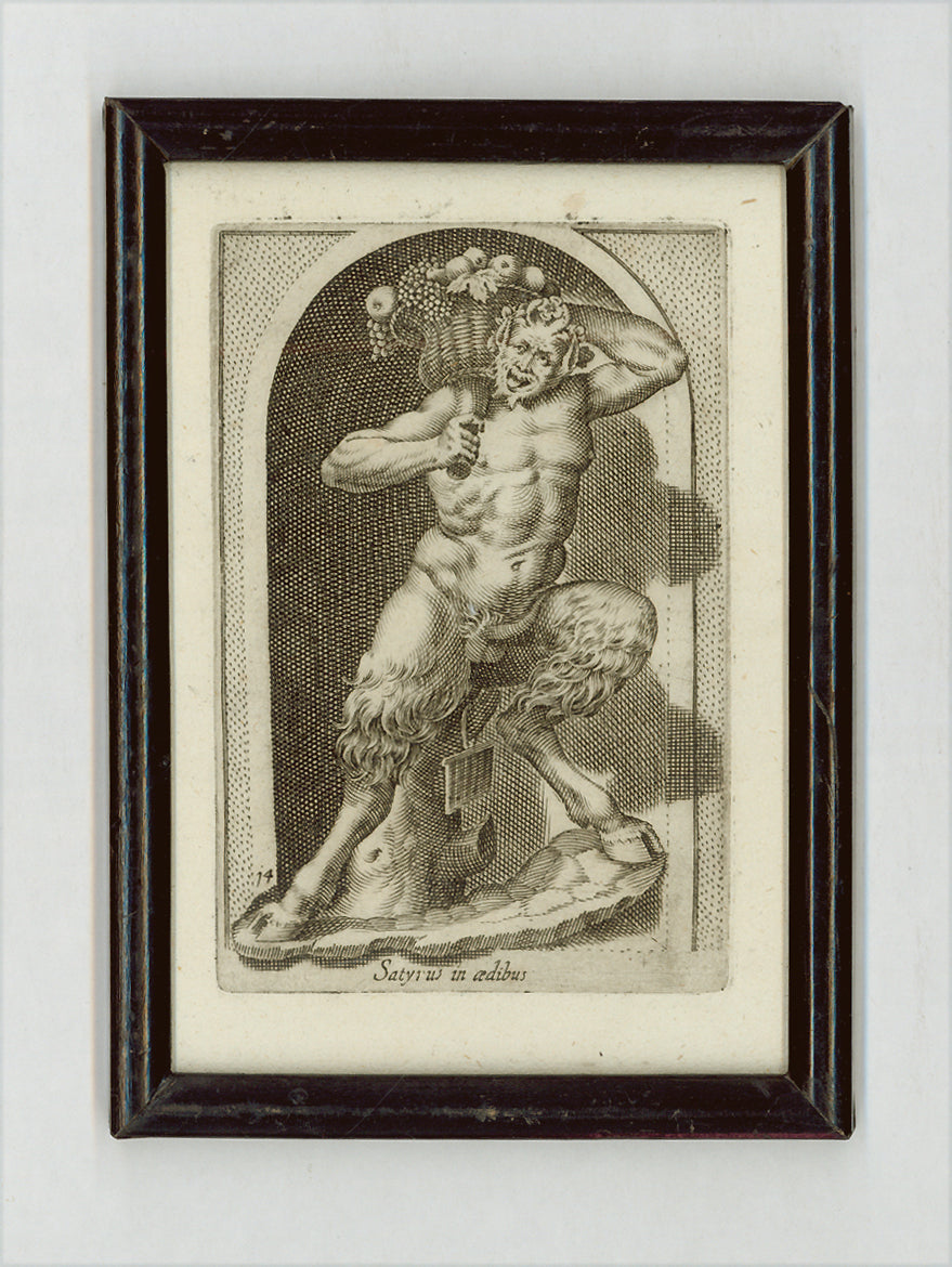 "Satyrus in aedibus"  Satyr or faun carrying a basket with fruit.  Copper etching by Philippe Thomassin (1562-1622)  Published in a  series of classical statues "Antiquarum statuarum Urbis Romae"  edited by G.G. de Rossi.  Rome 1649  Original antique print 