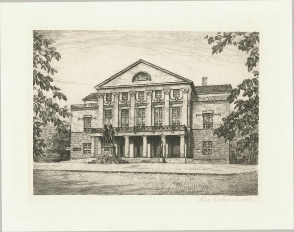 No Title. (Deutsches Nationaltheater Weimar)  Etching by Max Brueckner (1888-1953).  Fine etching of the Weimar theater with a light sepia tone. Ca. 1920.