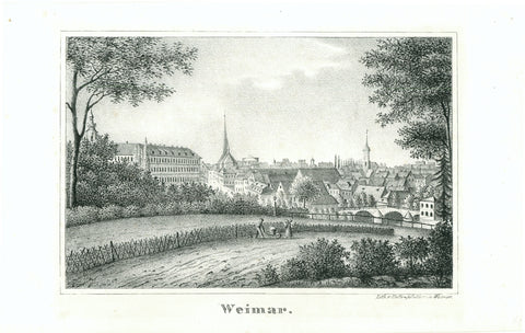 "Weimar"  Anonymous lithograph printed and published by Halle & Walther in Weimar.  Individual lithograph, not published or produced in a book. RARE!  View of Weimar from the hillside.
