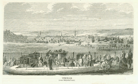 "Weimar" (vom Bahnhof aus)  Wood engraving ca 1880. On the reverse side are statistics about Thuringa and Weimar.