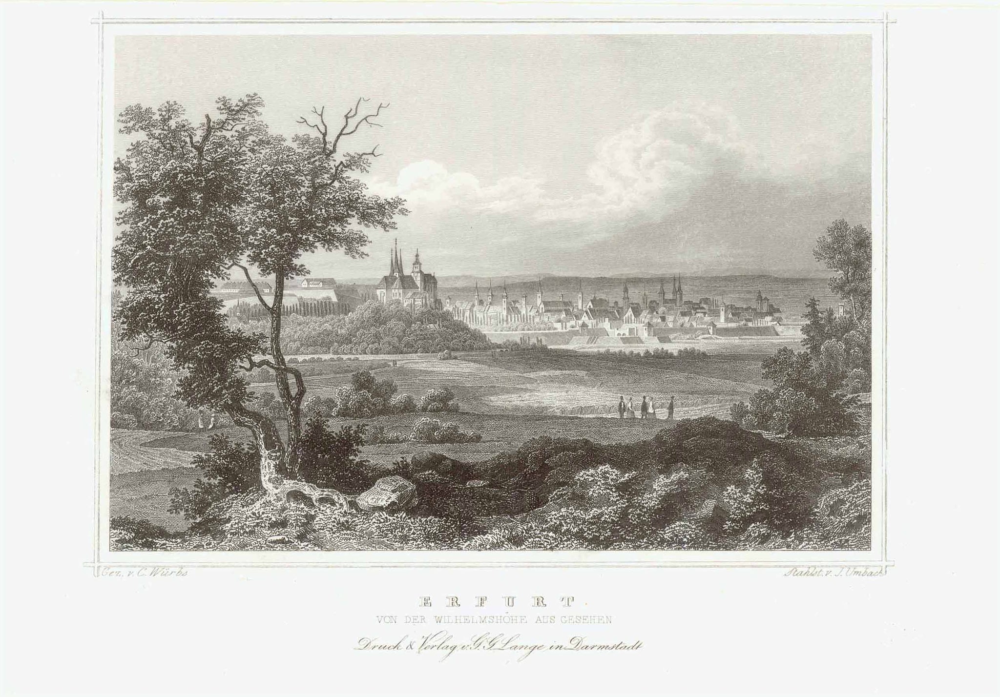 "Erfurt"  Steel engraving by Umbach after Wuerbs. Published in Darmstadt ca 1850.  Original antique print  