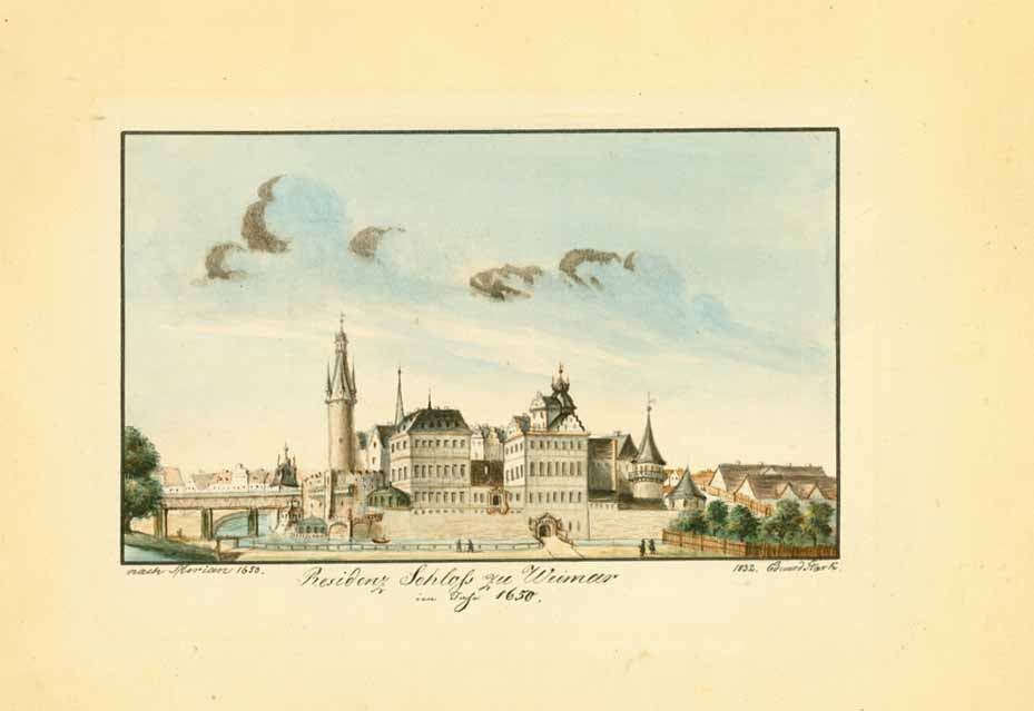 "Residenz-Schloss zu Weimar im Jahr 1650"  Weimar, Ettersberges, Thueringen, Goethe und Schiller Archiv, Genius Loci Weimar  Aquarellierte Tuschfeder von Eduard Stark. Datiert rechts unten unterhalb Darstellung: 1832  Vom Künstler links unten vermerkt: Nach Merian 1650  Titel und sonstige Schrift: schwarze Tusche.  Original antique print  