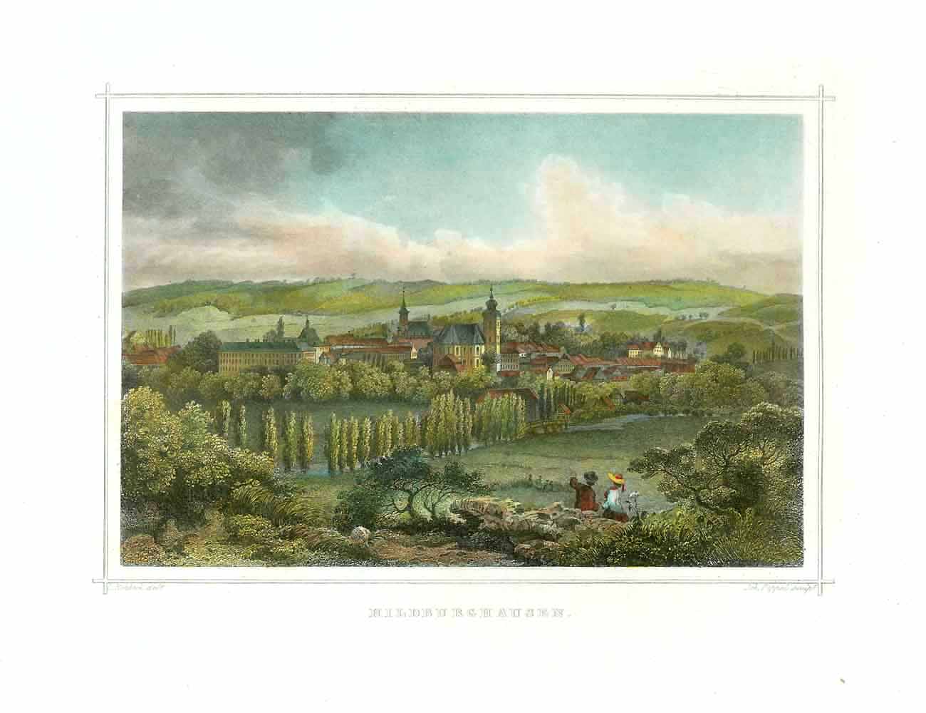 "Hildburghausen"  Steel engraving by Poppel after Rohbock ca 1850.  Attractive hand coloring. Wide margins.