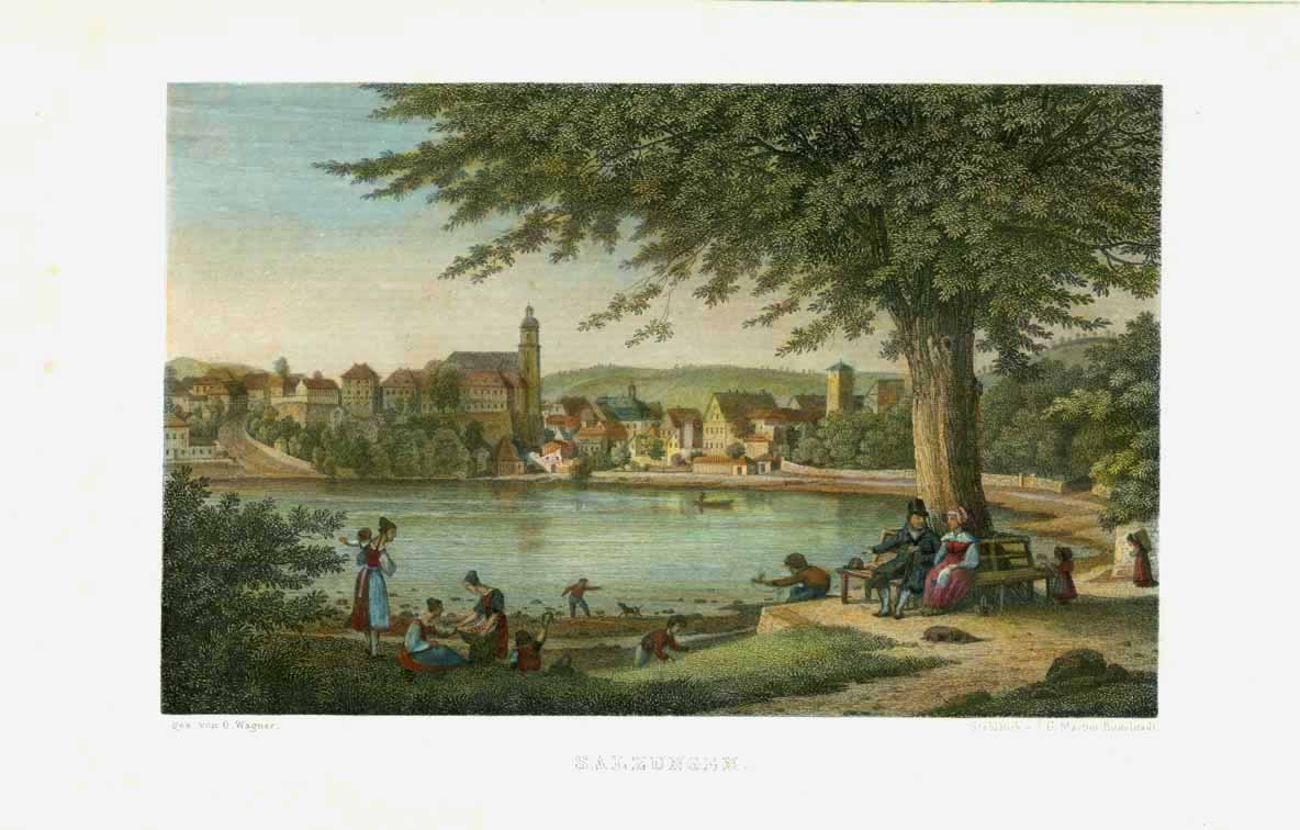 "Salzungen" (Bad Salzungen)  Steel engraving by J. G. Martini after O. Wagner ca 1850.  Attractive hand coloring.  Image: 9.5 x 15 cm ( 3.7 x 5.9 ")