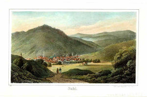 "Suhl"  Lithograph by Ed. Pietzsch ca 1840.  Pleasant hand coloring.  Image: 9.5 x 16 cm (3.7 x 6.2 ")
