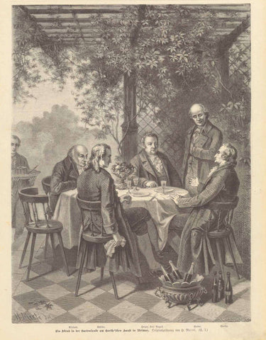 "Ein Abend in der Gartenlaube am Goethe'schen Hause in Weimar"  Sitting with Goethe are Wieland, Schiller, Herzog Karl August, and Johann Gottfried Herder. Xylograph after Heinrich. Merte (1838-1917). Published 1879.  Original antique print 