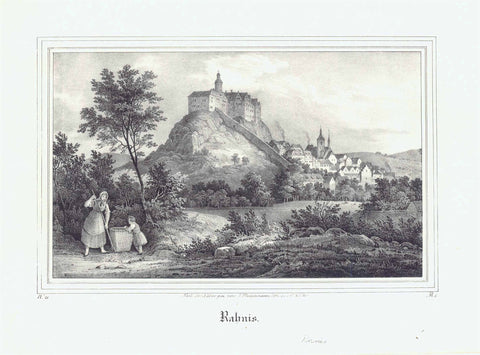 Antique print of "Rahnis" (Ranis)  Lithograph by J. Fleischmann um 1835.  From "Saxonia"  Original antique print  