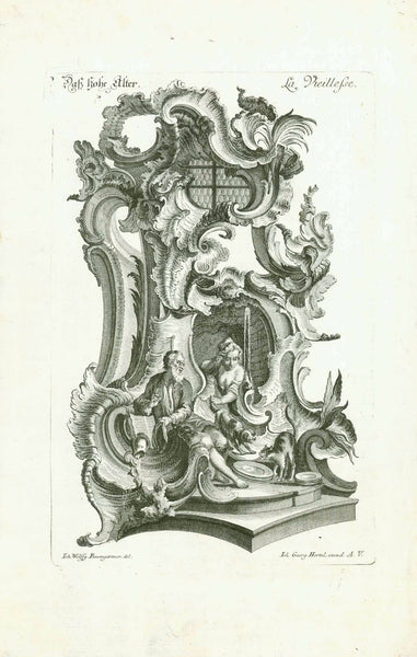 Four Ages of a man - Series  "Die Kindheit - L'Enfance" - Childhood  "Die Jugendt - La Jeunesse" - Youth  "Das Maennliche Alter - L'Age Virile" Adult  "The Old Age - La Vieillesse" - Old age  Series of four copper etchings by Johann Georg Hertel (1719-1768)  After the drawings by Johann Wolfgang Baumgartner (1702-1761)  Published in Augsburg, ca. 1750  Original antique print 