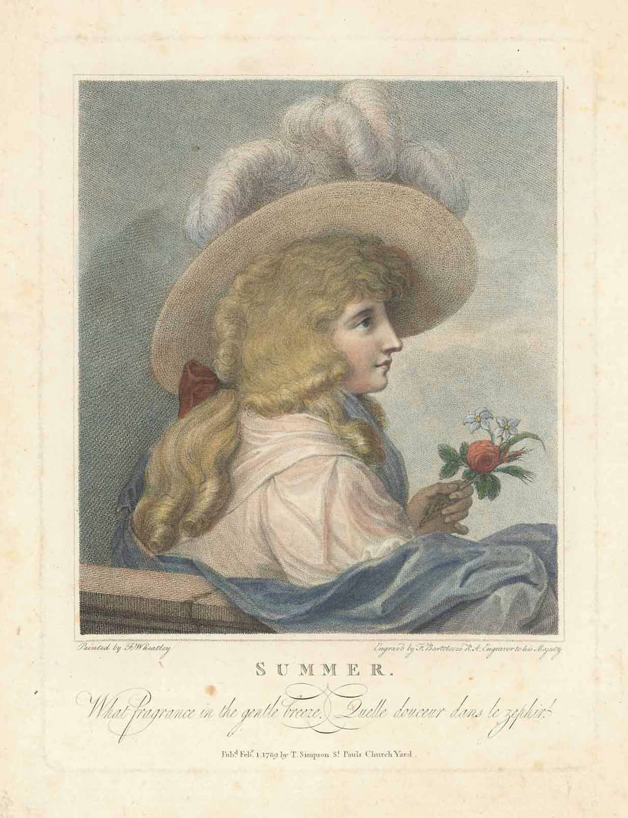 "Summer"  With Subtitel in English and in French: "What Fragrance in the gentle breeze - Quelle douceur dans le zephyr!"  Hand-colored stipple copper etching by Francesco Bartolozzi (1727-1815)  After the painting by Francis Wheatley (1747-1801)  London, dated 1789  Original antique print , interior design, wall decoration, ideas, idea, gift ideas, present, vintage, charming, special, decoration, home interior, living room design