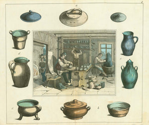 Pottery Workshop  Toepferei, Pottery, Toepferware, Hafner, Keramiker, Aulner  Potter working in his work shop. With colleagues doing  different chores. Surrounded by ready made pottery.  Anonymous. Original hand coloring. Published ca 1890.