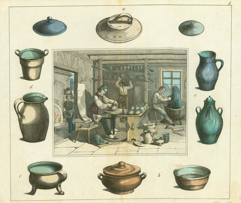 Pottery Workshop  Toepferei, Pottery, Toepferware, Hafner, Keramiker, Aulner  Potter working in his work shop. With colleagues doing  different chores. Surrounded by ready made pottery.  Anonymous. Original hand coloring. Published ca 1890.