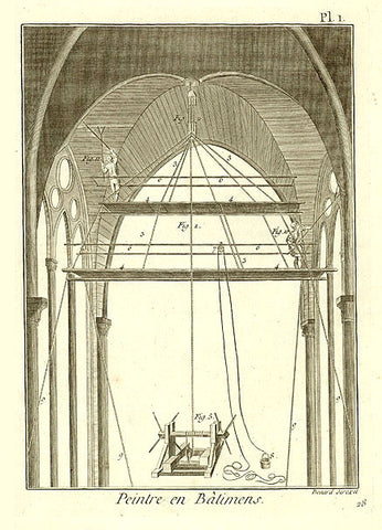  "Peintre en Batimens"  Painter on an interesting framework  Copper engaving of a painter in a church using ropes and scaffolding.  By Robert Benard (1734-1777)  Published in "Encyclopedie" by Denis Diderot (1713-1784) and Jean-Baptiste le Rond d'Alembert (1717-1783  Paris, 1751-1780)  Original antique print 