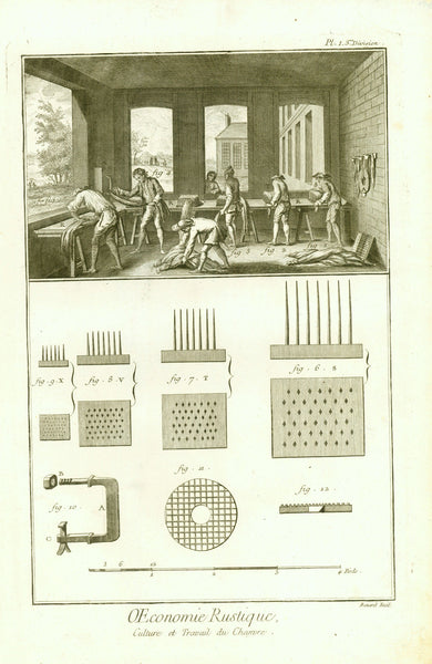 In earlier times they made ropes with hemp.  2 Copper etchings by Robert Benard (1734-1777)  Published in "Encyclopdie"  by / von Denis Diderot (1713-1784)  and / und Jean-Baptiste le Rond d'Alembert (1717-1783  Paris, 1751-1780)  Harvest and processing the hemp plant (Canabis) / Ernte und Verarbeitung der Hanf-Pflanze