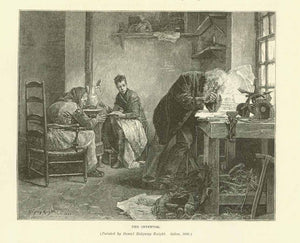 "The Inventor"  Wood engraving made after the painting by David Ridgway Knight. Published 1895. Reverse side is printed with unrelated text.