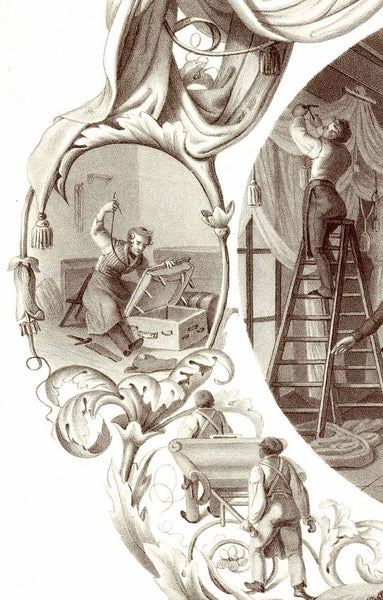 "Der Tapezierer etc." Wallpaper and Drapery hanger  Lithograph by M.R. Toma after the drawing by C(K)arl Schustler.  Published in a series of lithographs "Der Mensch ind seine Beruf" (Man and his trade)  In the oval center the Interior Decorator discussing details of home decoration with a commissioning family. Surrounded by details of fabric making and selling and bleaching etc.  Vienna, 1835-41