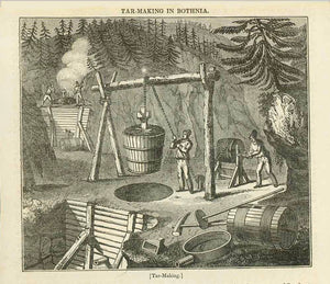 "Tar-Making in Bothnia"  Wood engraving on a page of text published 1836. The text below the image about tar-making in Bothnia continues on the reverse side., interior design, wall decoration, ideas, idea, gift ideas, present, vintage, charming, special, decoration, home interior, living room design