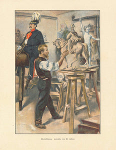 "Modellsitzung"  Chromolithograph of a sculptor with Kaiser Wilhelm II as model. Reverse side is not printed. A separate pge has an article about sculptors. Published 1894.  Original antique print  