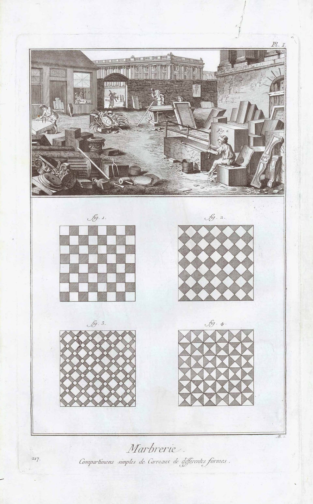 "Marbrerie" "Compartimens simples de Carreaux de differents forms"  At the top of the first page is a detailed image of a stone metz working with marble. Notice the various classic designs made with different colors of marble.  2 Copper etchings by Robert Bernard (1734-1777)  Published in "Encyclopedie"  by Denis Diderot (1713-1784)