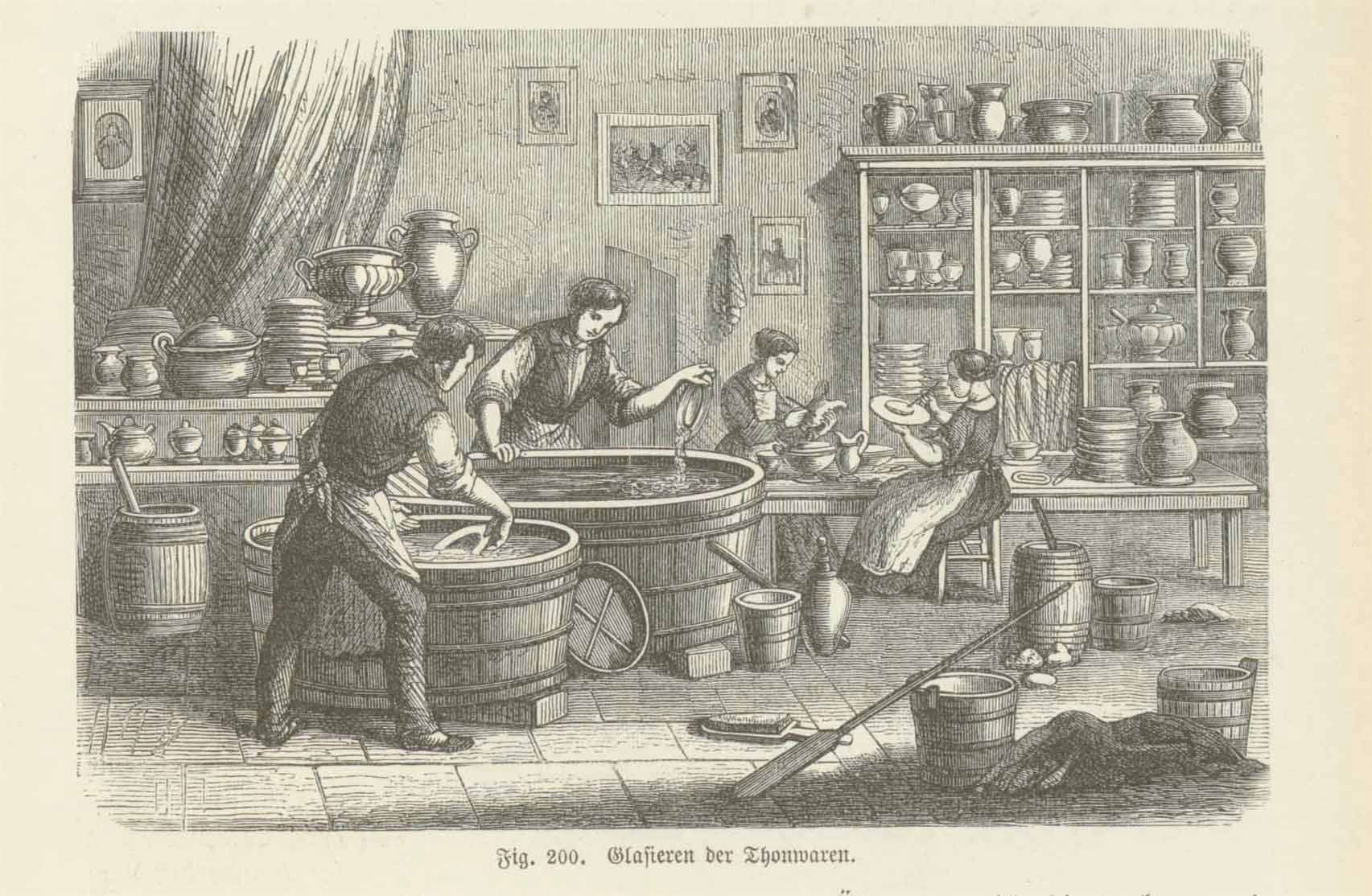 "Glasieren der Thonwaren" (putting the glaze on ceramics)  Wood engraving on a page of German text about ceramics and porcelaine. Text continues on reverse side where there is an image of a terracotta by Luca della Robbia" Published 1886.