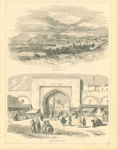 Tunisia, Upper image: "Ansicht von Tunis" Lower image: "Ein Thor in Tunis"  Wood engravings on a page published 1879.  Original antique print 
