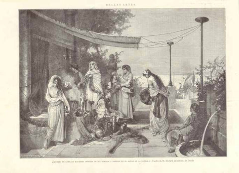 "Mujeres de Cartago haciendo ofrenda de sus alhayas y preseas en el altar de la patria"  Cartago, Kartago, Tunisia, Tunesien, Alhayas, Preseas  Wood engraving made after a painting by M. Richard Linderum of Dresden, published 1884.  Original antique print   interior design, gift ideas, vintage, decoration 