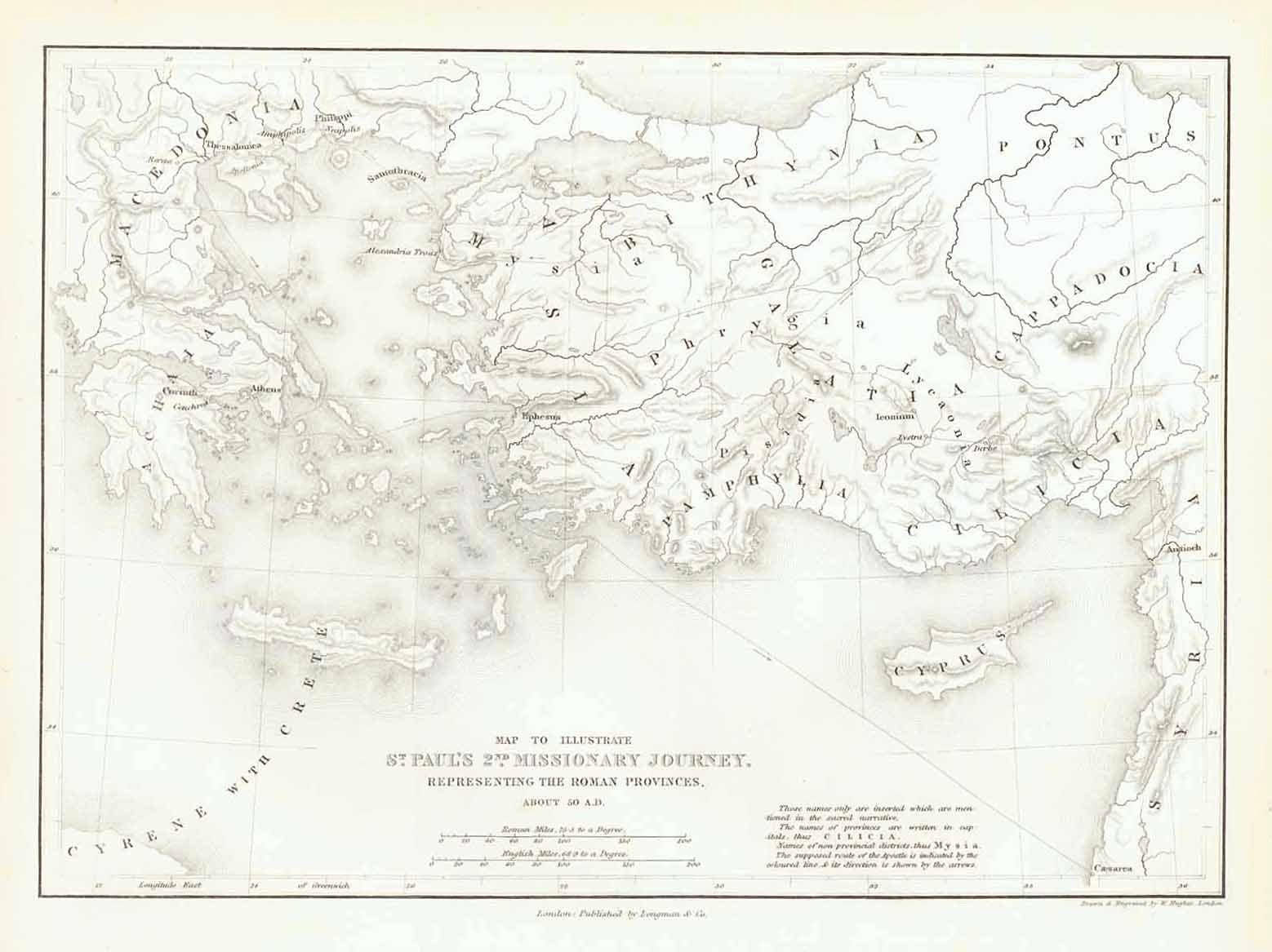"Map to Illustrate St. Paul's 2nd Missionary Journey Representing the Roman Provinces" "About 50 A.D."  Steel engraving map by W. Hughes in London. Published 1854.