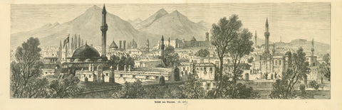 Erzurum. - "Ansicht von Erzerum" (German spelling)  Erzurum is a city in eastern Anatolia  General panoramic view of the east Anatolian city.  Original antique print   Wood engraving. Published in a German publication, ca. 1880