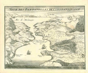 "Veue des Dardanelles de Constantinople"  Copper engraving by N. De Fer ca 1700. Published in Paris.  In the distance near the top of the mage is Constantinople (Istanbul). On the left side is Europe and on the right is Asia., interior design, wall decoration, ideas, idea, gift ideas, present, vintage, charming, special, decoration, home interior, living room design
