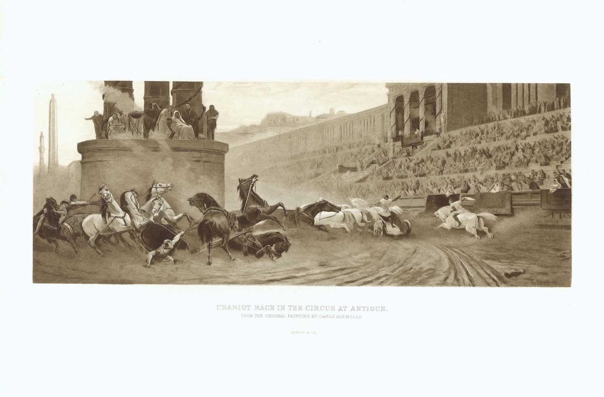 Antakya (Antioch). - "Chariot Race in the Circus at Antioch"  Zincograph in sepia color after the painting by Carlo Ademollo (1824-1911)  Published by Debbie & Co.  Philadelphia, 1886  Bread and Games was the Roman Emperors' motto. This shows a sensational happening during a chariot race in the arena of Antiochia (Antioch). Today's name of this Turkish town in the South-west corner of Turkey near the Syrian border is Antakya.