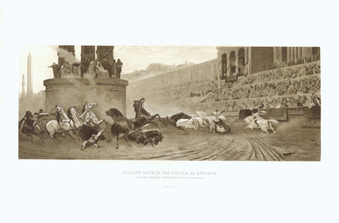 Antakya (Antioch). - "Chariot Race in the Circus at Antioch"  Zincograph in sepia color after the painting by Carlo Ademollo (1824-1911)  Published by Debbie & Co.  Philadelphia, 1886  Bread and Games was the Roman Emperors' motto. This shows a sensational happening during a chariot race in the arena of Antiochia (Antioch). Today's name of this Turkish town in the South-west corner of Turkey near the Syrian border is Antakya.