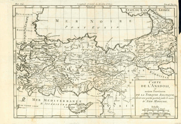 Antique Map, antike Karte, "Carte De L'Anadoli et autres Provinces de la Turquie Asiatique; dont une partie portoit jadis le nom D'Asie Mineure" Turkey, Cyprus, Georgia, Anatolia, Anatolien, Asia Minor, Black Sea, Ankara Copper engraving map by Louis Brion de la Tour. Published ca 1780. Map extends from the Mediterranean Sea on the left to Lake Van, a small corner of Armenia and part of Georgia on the right. Original antique print