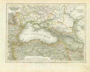 "Kuestenlaender des Schwarzen Meeres 1849"  Turkey, Black Sea, Ukrania, Caucasus, Russia, Armenia, Georgia  Steel etching from "Neuster Zeitungs Atlas. Alter und Neuer Erdkunde" by  J. Meyer, ca 1850. Original hand coloring.  For a 30% discount enter MAPS30 at chekout 